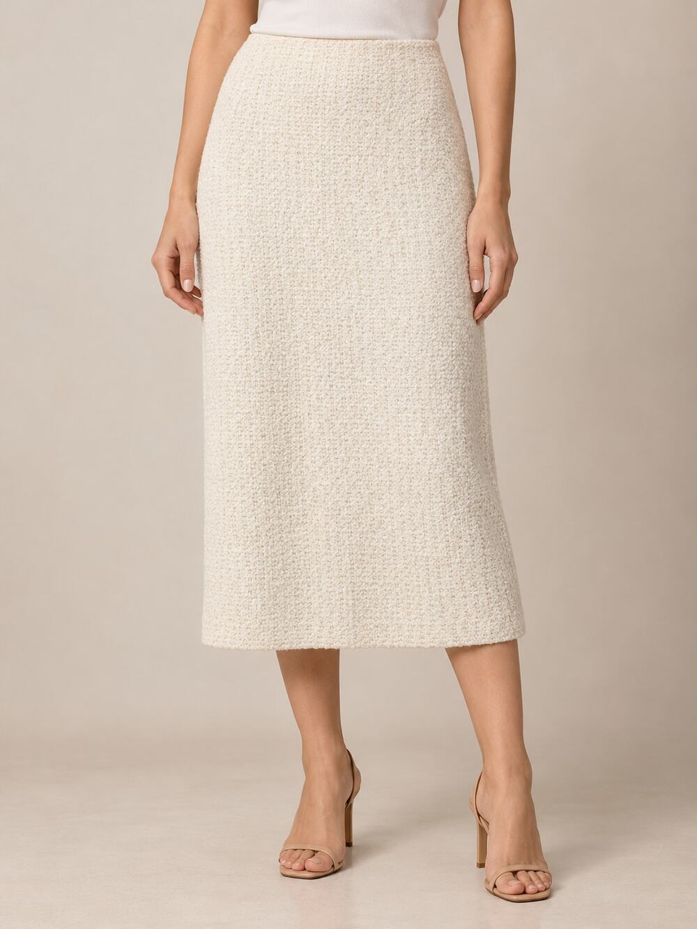St. John Collection Womens Midi Skirt 8 Ivory Boucle Knit Pencil Straight USA